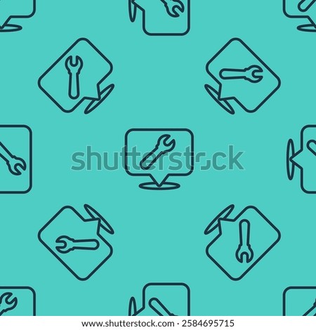 Black line Location with wrench spanner icon isolated seamless pattern on green background. Adjusting, service, setting, maintenance, repair, fixing.  Vector Illustration