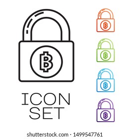 Black line Lock with bitcoin icon isolated on white background. Cryptocurrency mining, blockchain technology, security, protect, digital money. Set icons colorful. Vector Illustration
