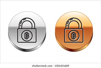 Black line Lock with bitcoin icon isolated on white background. Cryptocurrency mining, blockchain technology, security, protect, digital money. Silver-gold circle button. Vector Illustration