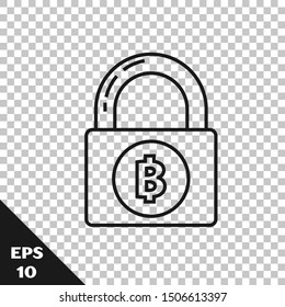 Black line Lock with bitcoin icon isolated on transparent background. Cryptocurrency mining, blockchain technology, security, protect, digital money.  Vector Illustration