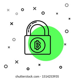 Black line Lock with bitcoin icon isolated on white background. Cryptocurrency mining, blockchain technology, security, protect, digital money.  Vector Illustration