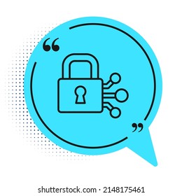 Black line Lock with bitcoin icon isolated on white background. Cryptocurrency mining, blockchain technology, security, protect, digital money. Blue speech bubble symbol. Vector