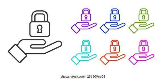 Black line Lock in hand icon isolated on white background. Padlock sign. Security, safety, protection, privacy concept. Set icons colorful. Vector