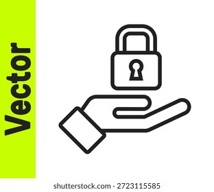Línea negra Bloqueo en el icono de la mano aislado en el fondo blanco. Señal de candado. Seguridad, seguridad, protección, concepto de privacidad.  Vector