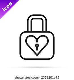 Black line Lock and heart icon isolated on white background. Locked Heart. Love symbol and keyhole sign. Valentines day symbol.  Vector