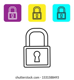 Black line Lock icon isolated on white background. Padlock sign. Security, safety, protection, privacy concept. Set icons colorful square buttons. Vector Illustration