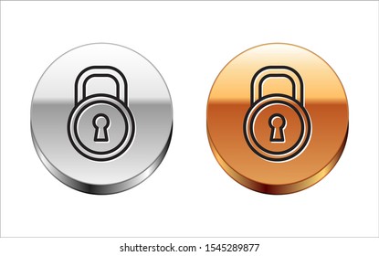 Black line Lock icon isolated on white background. Padlock sign. Security, safety, protection, privacy concept. Silver-gold circle button. Vector Illustration