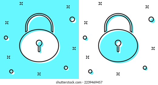 Black line Lock icon isolated on green and white background. Padlock sign. Security, safety, protection, privacy concept. Random dynamic shapes. Vector Illustration