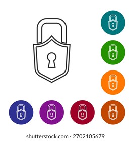 Linha preta Ícone de bloqueio isolado no fundo branco. Sinal de cadeado. Segurança, proteção, conceito de privacidade. Defina ícones em botões de círculo de cor. Vetor