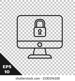 Black line Lock on computer monitor screen icon isolated on transparent background. Security, safety, protection concept. Safe internetwork.  Vector Illustration
