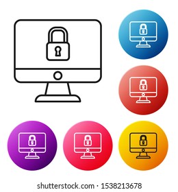 Black line Lock on computer monitor screen icon isolated on white background. Security, safety, protection concept. Safe internetwork. Set icons colorful circle buttons. Vector Illustration