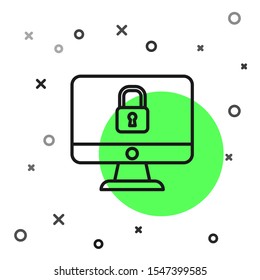Black line Lock on computer monitor screen icon isolated on white background. Security, safety, protection concept. Safe internetwork.  Vector Illustration