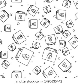 Black line Locked package icon isolated seamless pattern on white background. Lock and cardboard box.  Vector Illustration