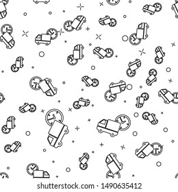 Black line Logistics delivery truck and clock icon isolated seamless pattern on white background. Delivery time icon.  Vector Illustration
