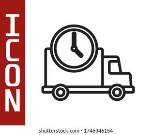 Black line Logistics delivery truck and clock icon isolated on white background. Delivery time icon.  Vector Illustration