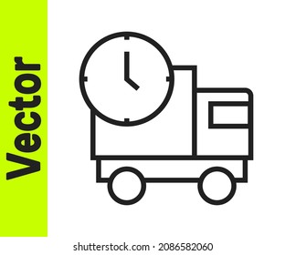 Black line Logistics delivery truck and time icon isolated on white background. Delivery time icon.  Vector