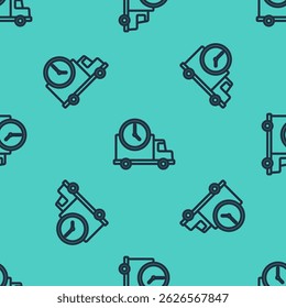 Black line Logistics delivery truck and clock icon isolated seamless pattern on green background. Delivery time icon.  Vector Illustration