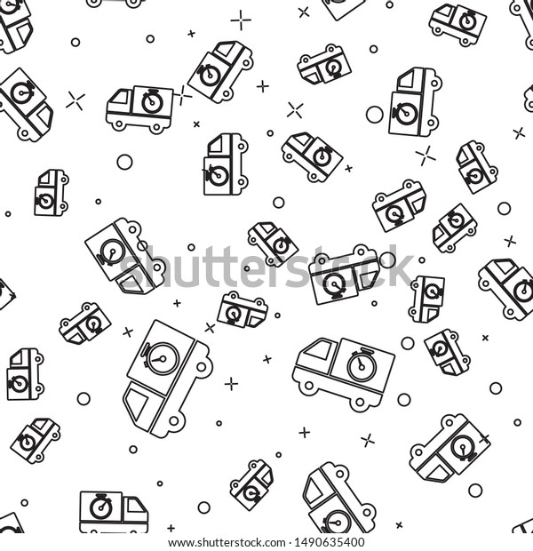 Black line Logistics delivery truck and\
stopwatch icon isolated seamless pattern on white background.\
Delivery time icon.  Vector\
Illustration