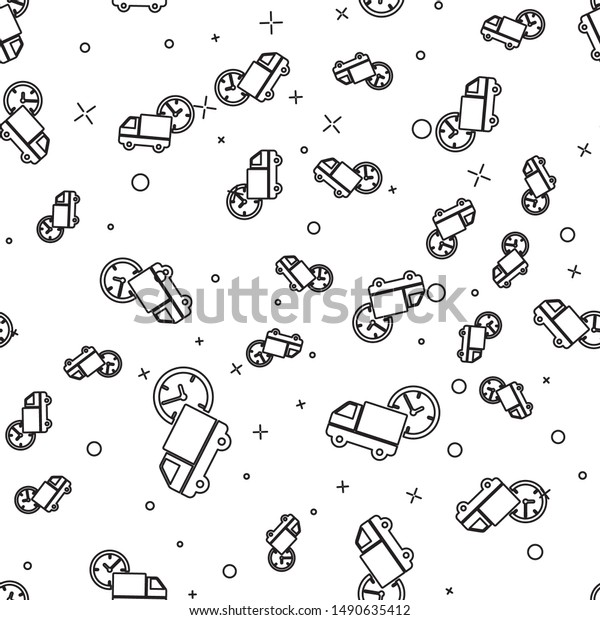 Black line Logistics delivery truck and\
clock icon isolated seamless pattern on white background. Delivery\
time icon.  Vector\
Illustration