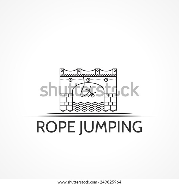 Black line logo arch bridge with rope jumper sign and\
words Rope Jumping. Isolated vector illustration on white\
background. Logotype 