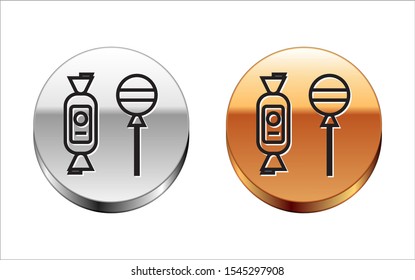 Black line Lollipop icon isolated on white background. Candy sign. Food, delicious symbol. Silver-gold circle button. Vector Illustration