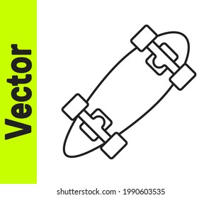 Black line Longboard or skateboard cruiser icon isolated on white background. Extreme sport. Sport equipment.  Vector