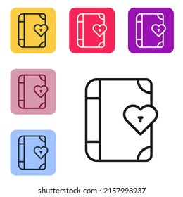 Black line Love diary notebook album icon isolated on white background. Happy Valentines day. Set icons in color square buttons. Vector