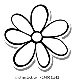 Black line a lovely daisy on white silhouette and gray shadow. Hand drawn cartoon style. Doodle for decoration or any design. Vector illustration of nature flower.