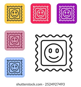 Linha preta LSD ícone de marca de ácido isolado no fundo branco. Narcótico ácido. Carimbo postal. Carimbo postal. Perigo para a saúde. Defina ícones em botões quadrados de cor. Vetor