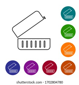 Black line Lunch box icon isolated on white background. Set icons in color circle buttons. Vector Illustration