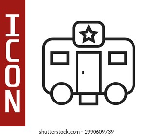 Black Line Machine Trailer Dressing Room For Actors Icon Isolated On White Background. Movie Crew Rest Room. Star Sleeping Place. Film Vehicle.  Vector