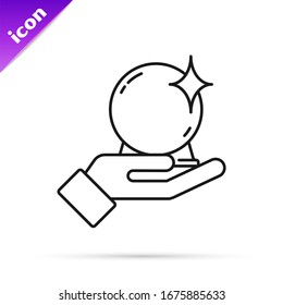 Black line Magic ball on hand icon isolated on white background. Crystal ball.  Vector Illustration