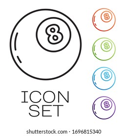 Línea negra bola mágica de predicciones para el icono de toma de decisiones aislado en fondo blanco. Balón de cristal. Establecer iconos coloridos. Ilustración vectorial