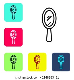 Black Line Magic Hand Mirror Icon Isolated On White Background. Set Icons In Color Square Buttons. Vector