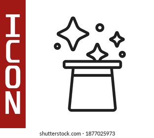 Black line Magic hat icon isolated on white background. Magic trick. Mystery entertainment concept.  Vector