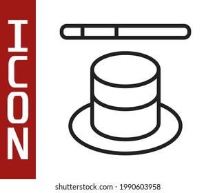 Black line Magic hat and wand icon isolated on white background. Magic trick. Mystery entertainment concept.  Vector