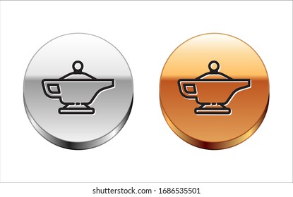 Lámpara mágica de línea negra o icono de lámpara Aladdin aislado en fondo blanco. Lámpara espiritual por deseo. Botón del círculo dorado plateado. Ilustración vectorial
