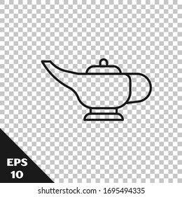Schwarze Linie Magic Lampe oder Aladdin Lampe Symbol einzeln auf transparentem Hintergrund. Spirituelle Lampe für Wunsch. Vektorillustration-Illustration