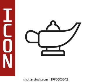 Lámpara mágica de línea negra o icono de lámpara Aladdin aislado en fondo blanco. Lámpara espiritual por deseo.  Vector
