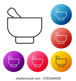 Black line Magic mortar and pestle icon isolated on white background. Set icons colorful circle buttons. Vector Illustration