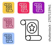 Black line Magic scroll icon isolated on white background. Decree, paper, parchment, scroll icon. Set icons in color square buttons. Vector