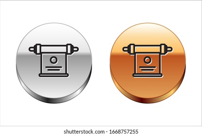Black line Magic scroll icon isolated on white background. Decree, paper, parchment, scroll icon. Silver-gold circle button. Vector Illustration