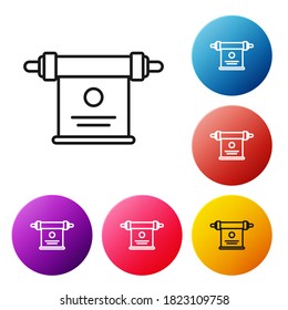 Black line Magic scroll icon isolated on white background. Decree, paper, parchment, scroll icon. Set icons colorful circle buttons. Vector Illustration
