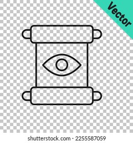 Black line Magic scroll icon isolated on transparent background. Decree, paper, parchment, scroll icon.  Vector