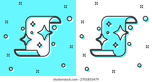 Black line Magic scroll icon isolated on green and white background. Decree, paper, parchment, scroll icon. Random dynamic shapes. Vector