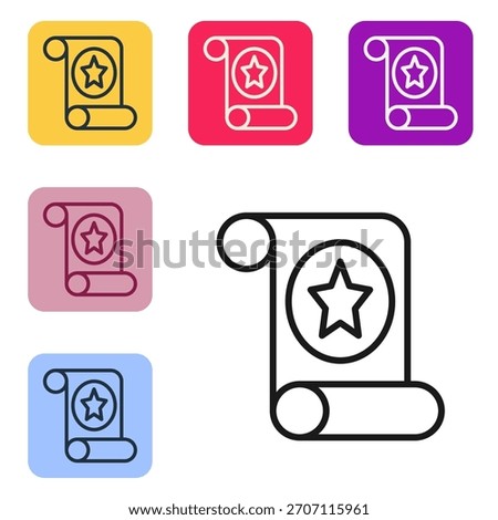 Black line Magic scroll icon isolated on white background. Decree, paper, parchment, scroll icon. Set icons in color square buttons. Vector