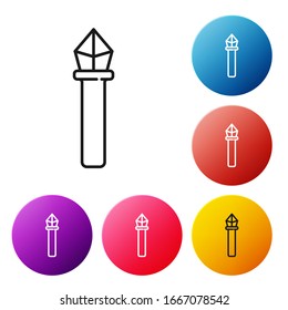 Black line Magic staff icon isolated on white background. Magic wand, scepter, stick, rod. Set icons colorful circle buttons. Vector Illustration