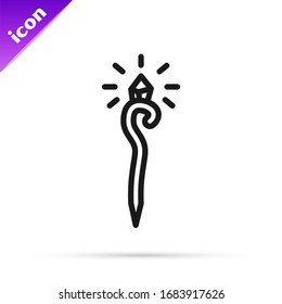 Black line Magic staff icon isolated on white background. Magic wand, scepter, stick, rod.  Vector Illustration