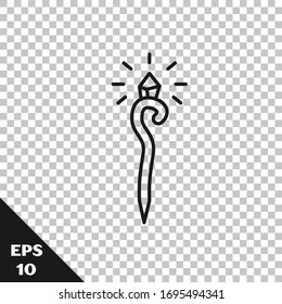 Black line Magic staff icon isolated on transparent background. Magic wand, scepter, stick, rod.  Vector Illustration