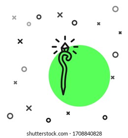 Black line Magic staff icon isolated on white background. Magic wand, scepter, stick, rod.  Vector Illustration